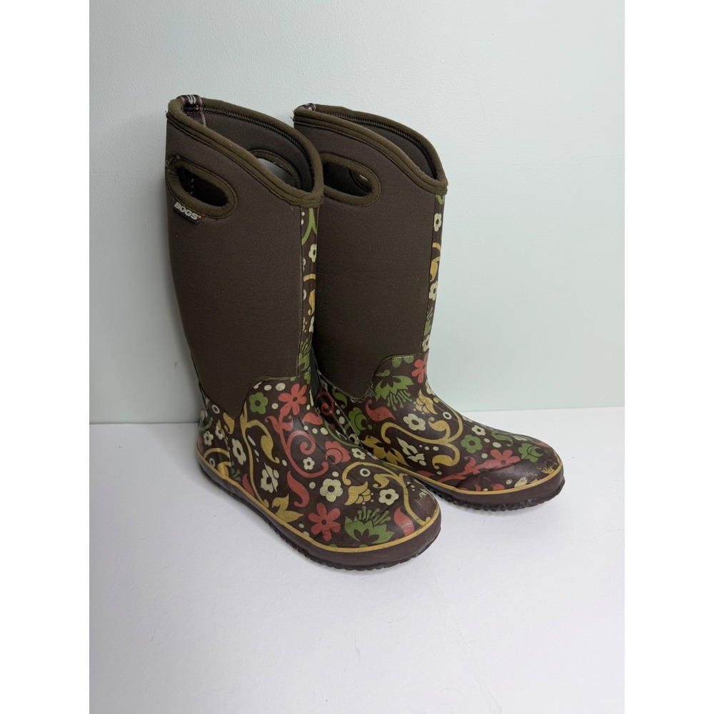 Bogs Classic High Brown Floral Paisley Waterproof Rain Boots Womens 9
